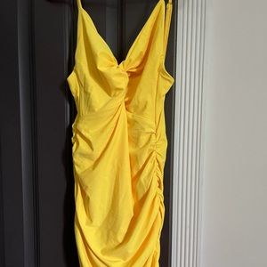 Ruched bright yellow body con dress by tiger mist